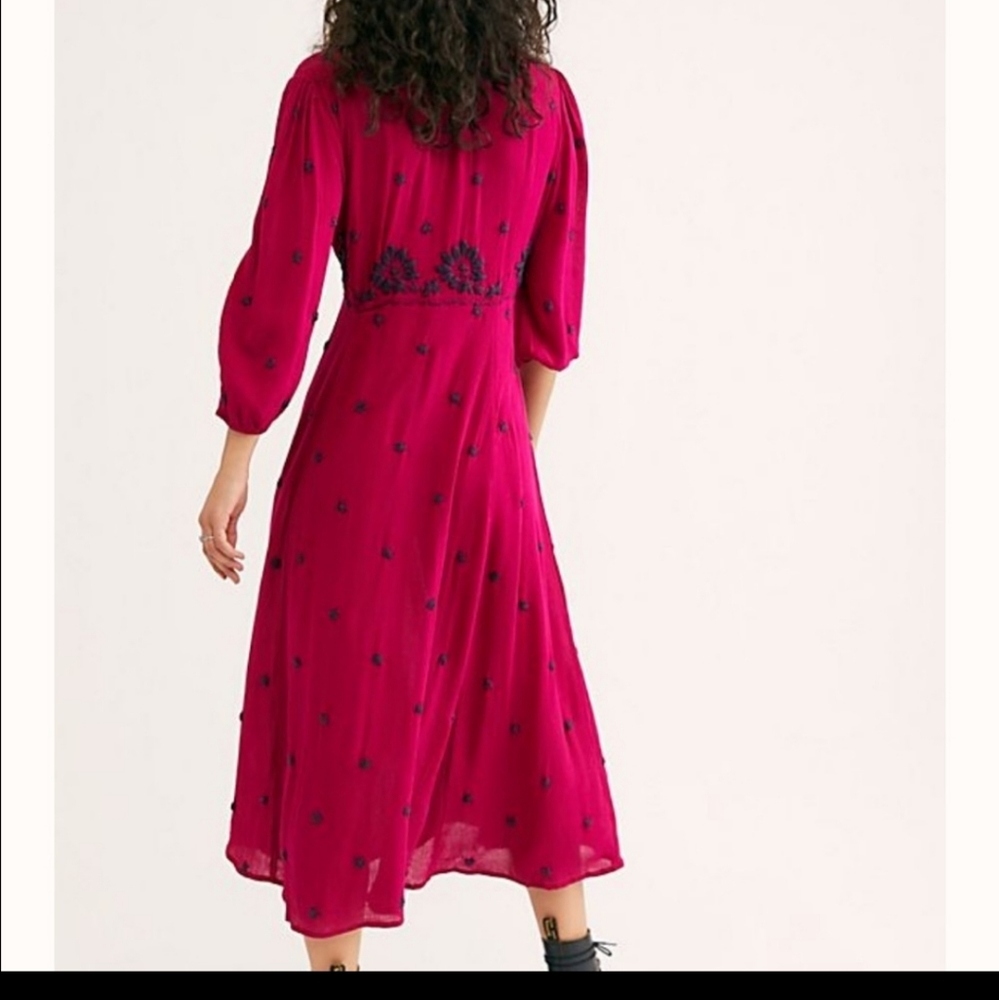 Free people embroidered boho maxi dress hot pink waist draw string size S - Picture 2 of 9